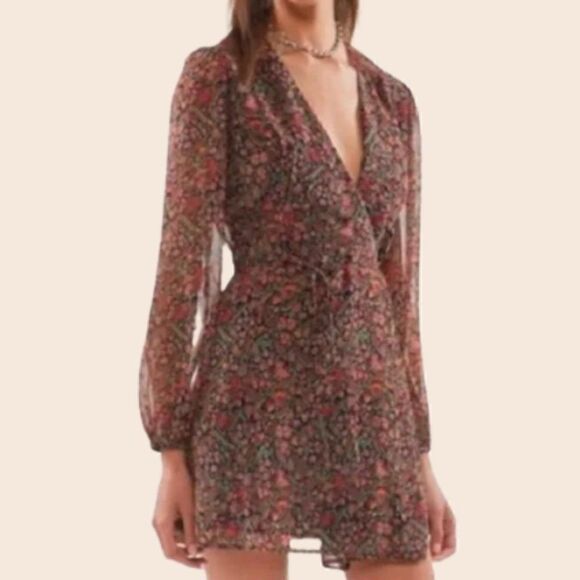 Urban Outfitters Red, Green, & Black Floral Paisley Mini Wrap Dress Size XS - Picture 1 of 13